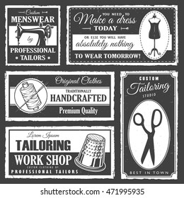 Set of professional tailor labels with sewing tools and vintage grunge texture