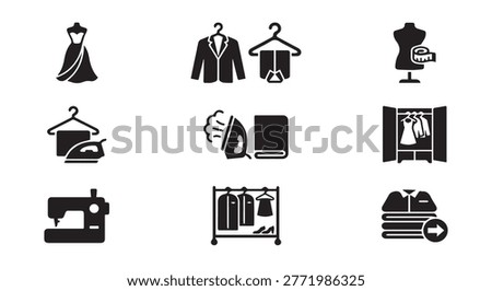 Set of professional tailoring and garment care icons with tailoring, clothing