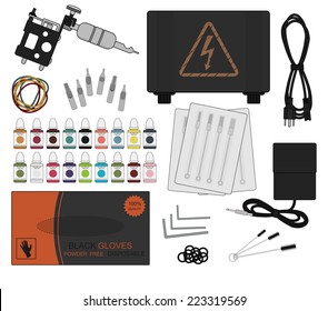 Set of professional tattoo equipment: tattoo machine, power supply, cord, rubber bands, different type grips, needles, footswitch, pack of black gloves, allen keys, grommet, cleaning tools