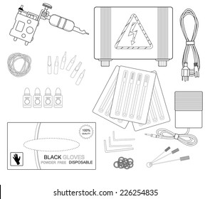 Set of professional tattoo equipment: tattoo machine, power supply, cord, rubber bands, different type grips, needles, footswitch, pack of black gloves, allen keys, grommet, cleaning tools. Outline