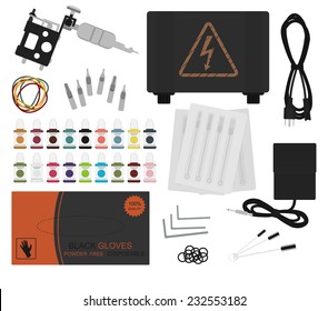 Set of professional tattoo equipment: tattoo machine, power supply, cord, rubber bands, different type grips, needles, footswitch, pack of black gloves, grommet. Color no outline illustration 