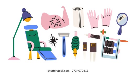 Set of professional tattoo studio tools and equipment. Body art concept. Tattoo machine, body ink, needles, razor, medical gloves, couch, tattoo artist. Vector illustration