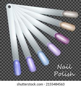 Set von professionellen Tipps. Samples palette zum Vorführen der Farben von Nagellack und Gel-polish. Künstliche Nägel auf transparentem Hintergrund, Vektorgrafik