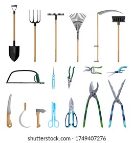 Set of professional  tools care garden isolated on white background in flat style. Collection secateur, shovel, pitchfork, broom, axe, scythe,rake. Kit farm symbols vector illustration.