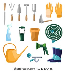 Set of professional tools care garden isolated on white background in flat style. Collection scoop, gloves, pot, hose, spray, watering can, boots. Kit farm symbols vector illustration.