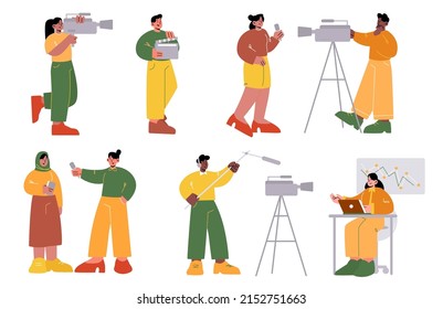 Set Professional Tv Employees, Videographer And Journalist Characters Record Video Or Movie On Camera. Presenter Broadcast Breaking News, Mass Media Industry Profession Linear Flat Vector Illustration