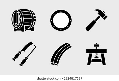 A set of professional vector icons depicting traditional cooperage tools, including a wooden barrel, hammer, metal hoop, and workbench for carpentry.