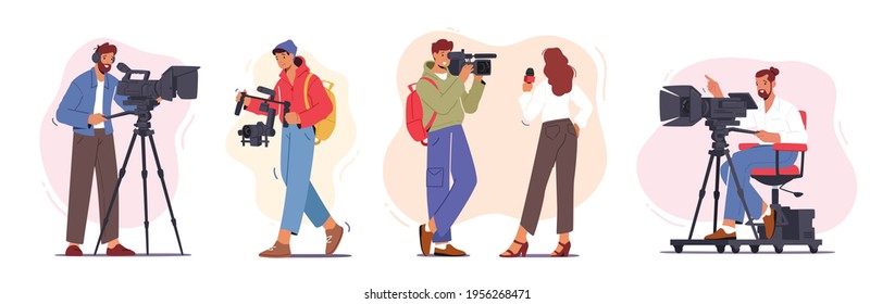 Set of Professional Videographer and Journalist Characters Record Video or Movie on Camera. Mass Media Industry Profession, Tv Show, Program or Breaking News Broadcasting. Cartoon Vector Illustration