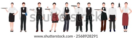 set professional waiter and waitress. Men and women restaurant staff in uniform. 