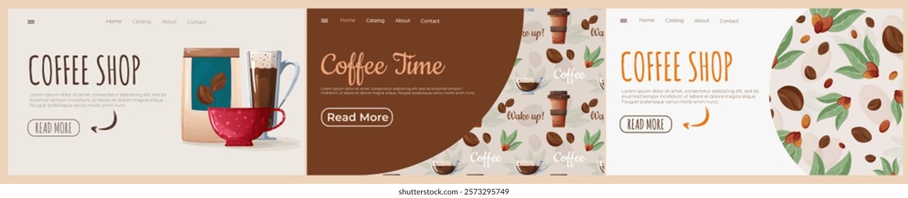 A set of professional website templates showcasing vector illustrations of coffee cups, beans, and textures. These unique designs offer an appealing visual concept, ideal for cafes 