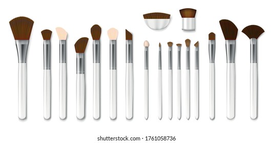 Set of Professional white makeup brushes isolated. Realistic Powder Blush, Eye Shadow, Brush or Brow. 3d Vector illustration