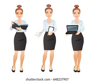 Set professional woman assistant, dress code. Young woman Assistant in different poses