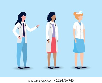 set professional woman doctors and nurse vector illustration