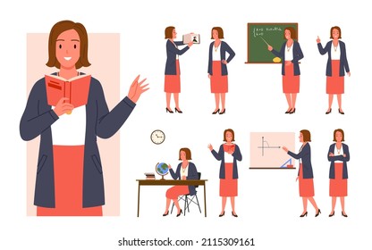 Set of professional woman teacher in different teaching poses. Female professor giving educational lesson, reading and showing study book material cartoon vector illustration