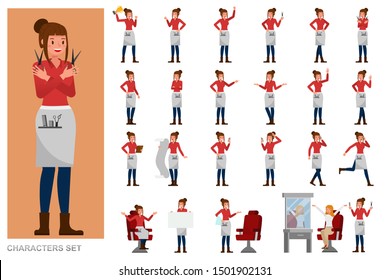 Set of Professional Women Stylist people working character vector design. Presentation in various action with emotions, running, standing and walking.