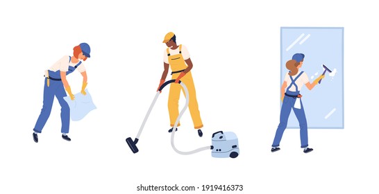 Set of professional workers of cleaning service. Male and female house cleaners in uniform scrubbing window, vacuuming and washing floor. Colored flat vector illustration isolated on white background