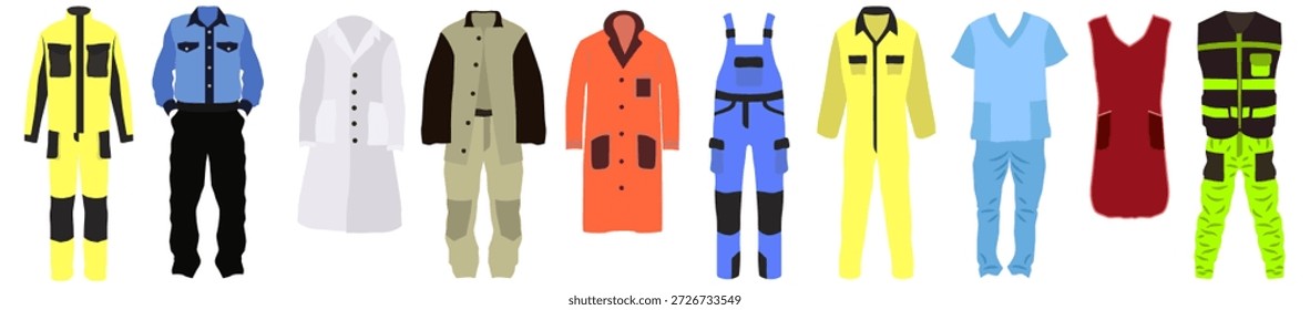 Un conjunto de ropa de trabajo profesional para diversas especialidades. Ropa para diversos campos de actividad. EPS 10.