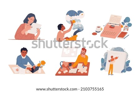 Set of professional writer with laptop, typewriter and pencil. Concept of computer work, writing, text typing. Cartoon flat vector illustration on white background.