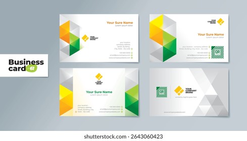 A set of professionally designed two-sided business card templates with modern green and yellow triangles on a white background – Customizable, Professional Templates for Dynamic Businesses