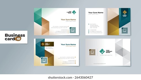 A set of professionally designed two-sided business card templates with modern teal and brown geometrics on a white and dark blue background – Sleek Design for a Professional and Unique Brand