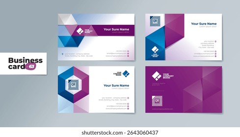 A set of professionally designed two-sided business card templates with modern purple and blue geometrics on a white background – Modern Geometric Design to Make Your Brand Stand Out with Style