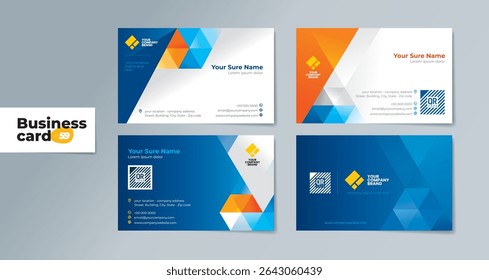 A set of professionally designed two-sided business card templates with modern blue and orange geometrics on a white and dark blue background – Editable, and Print-Ready for Modern Brands