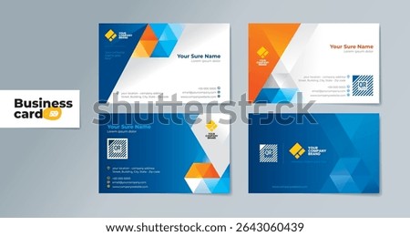 A set of professionally designed two-sided business card templates with modern blue and orange geometrics on a white and dark blue background – Editable, and Print-Ready for Modern Brands