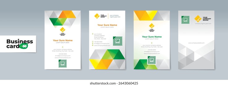A set of professionally designed two-sided vertical business card templates with modern green and yellow triangles on a white background – Customizable, Professional Templates for Dynamic Businesses