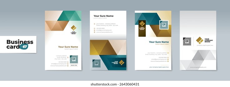 A set of professionally designed two-sided vertical business card templates with modern teal and brown geometrics on a white and dark blue background – Sleek Design for a Professional and Unique Brand