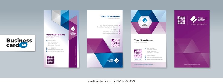 A set of professionally designed two-sided vertical business card templates with modern purple and blue geometrics on a white background – Modern Geometric Design to Make Your Brand Stand Out