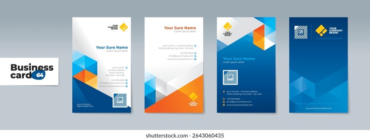 A set of professionally designed two-sided vertical business card templates with modern blue and orange geometrics on a white and dark blue background – Editable, and Print-Ready for Modern Brands