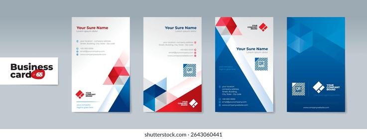 A set of professionally designed two-sided vertical business card templates with modern blue and red geometrics on a white background – Elevate Your Brand with This Clean, Professional Design
