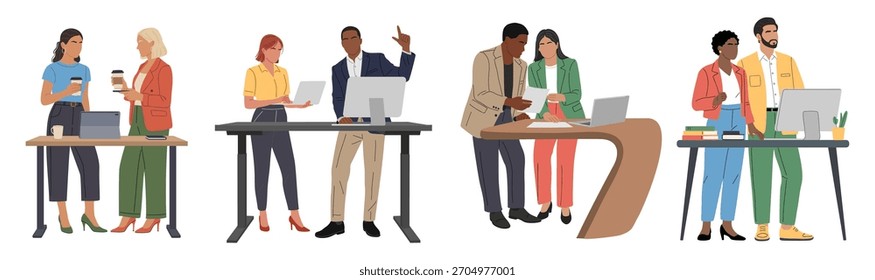 Conjunto de profesionales en oficina moderna, trabajando en escritorios de pie y colaborando, con líneas limpias, colores sólidos y vestimenta empresarial diversa. Ilustración vectorial minimalista aislada
