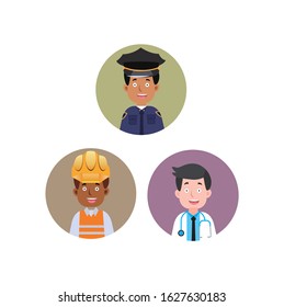 Set professions 1:  doctor, contractor, police, Vector illustration in a flat style
