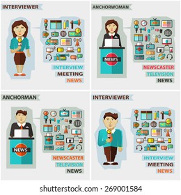 Set of professions. Anchorman, interviewer, anchorwoman.