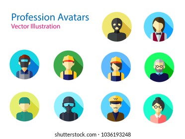 Set of Professions avatars icon . Set of Avatar Icon with long shadow on color round. vecor illustration on white background.