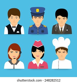 Grupo de profesiones avatares como camarero, policía, doctor, mujer de negocios, enfermera y chef de fondo azul.