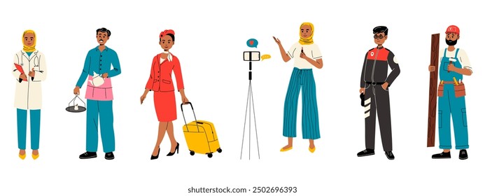 Set of professions. Doctor, waiter, stewardess, vlogger, policeman, engineer, builder. Vector illustration.