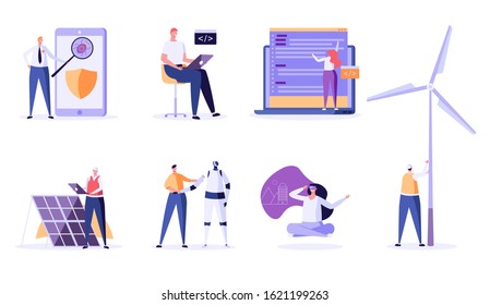 Set of professions of future. Collection of robot engineering, solar and wind engineers, software developer, vr designer, internet security. Vector flat cartoon illustration for banner, ui, app