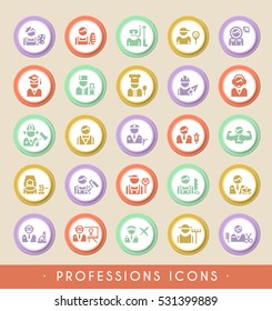 Set of Professions Icons on Circular Colored Buttons. Vector Isolated Elements.