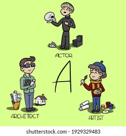 Reihe der Berufe des Buchstaben a - Schauspieler, Architekt, Künstler. Vector Little niedliche Charaktere mit Atributten