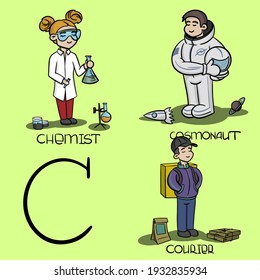 conjunto de las profesiones de la letra c - química, cosmonauta, mensajero. Vector Pequeños personajes lindos con atributos