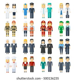 set of  professions for men and women. Health, staff, service, police and firefighters. People in work clothes. Flat vector professional cartoon illustration. Objects isolated on a white background.