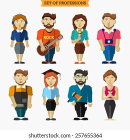 Set of professions. Meteorologist, musician, interviewer, photographer, barber, student, filmmaker, yoga instructor.