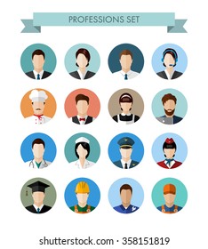 A Set Of Professions People. Circle Flat Style Icons. Occupation Avatar. Business, Medical, Web, Call Center Operator, Workers. Vector Illustration