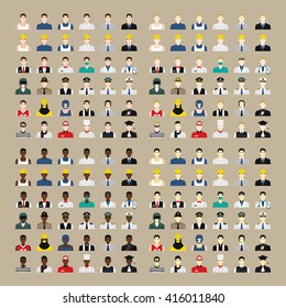 A set of professions people. Circle flat style icons. Occupation avatar. Business, medical, web, call center operator, workers. Vector illustration