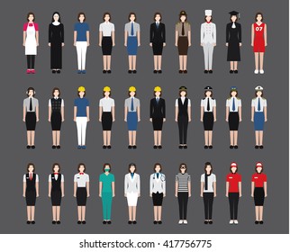 A set of professions people. Circle flat style icons. Occupation avatar. Business, medical, web, call center operator, workers. Fullbody. Vector illustration