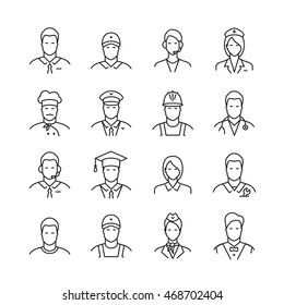 A set of professions people. Flat style line icons. Occupation avatar. Business, medical, web, call center operator, workers. Vector illustration