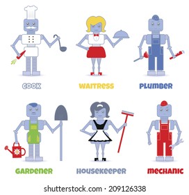 set of professions performed by cute robots