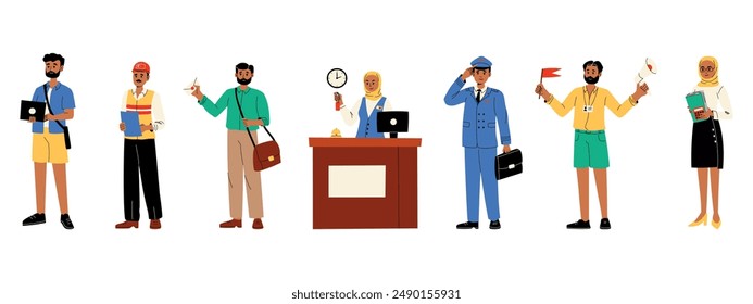 Conjunto de profesiones. Programador, ingeniero, constructor, cartero, recepcionista, piloto, guía turístico, profesor. Ilustración vectorial.